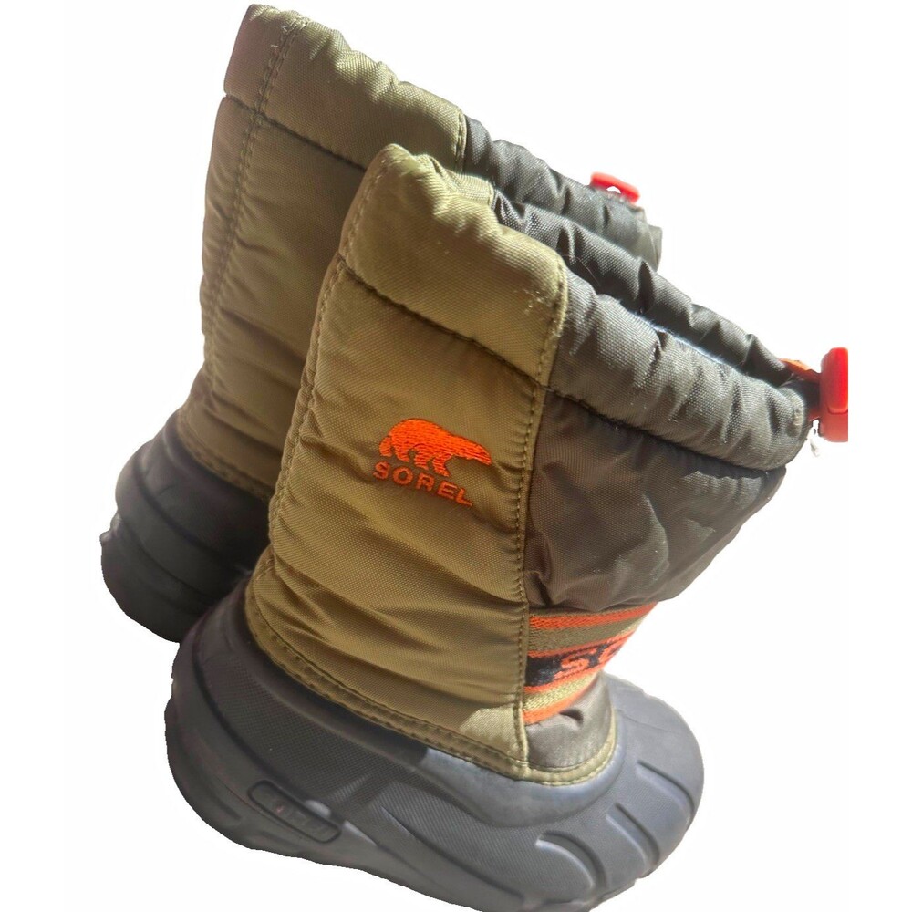 Sorel Kids Winter Snow Boots Olive Green Orange Waterproof Insulated Size 11